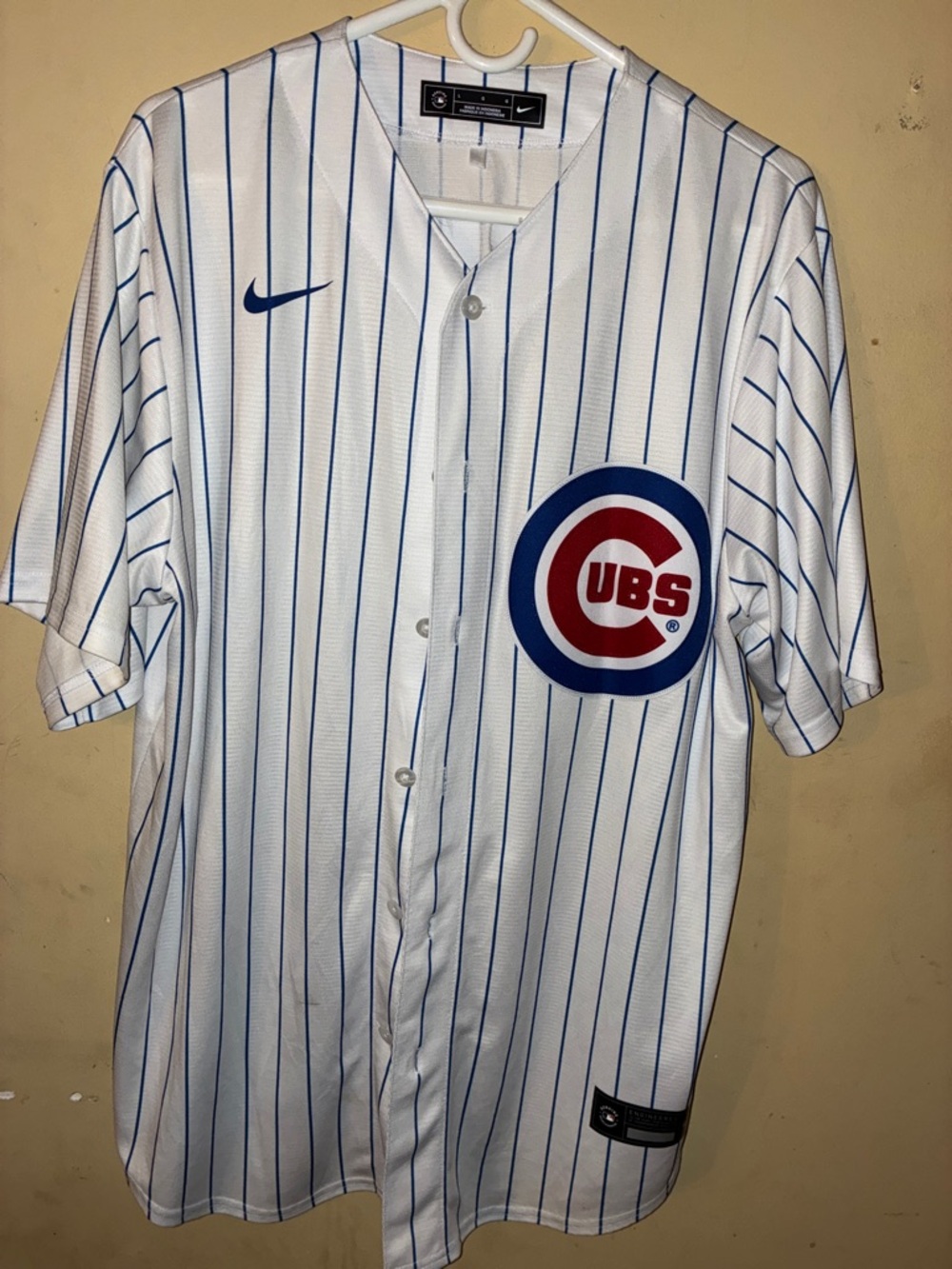 Nike White Pinstripe Chicago Cubs Jersey with Blue and Red Logo